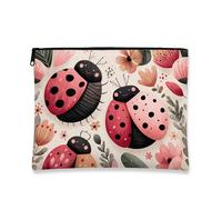 Ladybug Makeup Bag, Cute Floral Print Cosmetic Travel Pouch for Women, Portable Small Canvas Zipper Organizer, Perfect Choice for Spring & Summer Seasons, Peach, 7x9 Inch, Ladybug