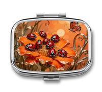 Ladybug Marigold Bloom pilldispenser with Mirror 2 Compartments Waterproof PillCase for Purse Pocket Non-Slip Grip Travel Medicine Organizer Container Box for Vitamin Fish Oil Supplement