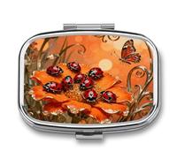 Ladybug Marigold Bloom pilldispenser with Mirror 2 Compartments Waterproof PillCase for Purse Pocket Non-Slip Grip Travel Medicine Organizer Container Box for Vitamin Fish Oil Supplement