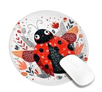 Ladybug Mouse Pad, Red and Black Cute Insect Design with Floral Elements, Ideal for Spring Home and Office Use, Non-Slip Gaming Mousemat Round 8x8 Inch