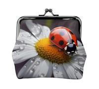 Ladybug on Daisy Flower Coin Purse Small Wallet for Women Vintage PU Leather Change Purse, Kiss Lock Coin Pouch ID Credit Cards Holder Cash Coin Holder Case, Car Change Holder