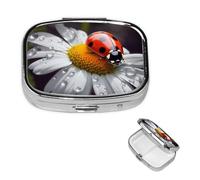 Ladybug on Daisy Flower Pill Box 2 Compartment Medicine Pill Organizer Square Pill Case for Purse & Pocket Travel Pillbox Portable Metal Medicine Vitamin Fish Oil Organizer Unique Gift