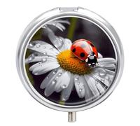Ladybug on Daisy Flower Pill Box Small Round Pill Case Portable Travel Pill Container Multi-Functional Moisture Proof Metal Medicine Pill Organizer Box for Vitamins Fish Oil