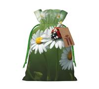 Ladybug On Daisy Flower Print Christmas Drawstring Gift Bags With Cards For Xmas Party Decorations Holiday