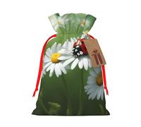 Ladybug On Daisy Flower Print Christmas Drawstring Gift Bags With Cards For Xmas Party Decorations Holiday