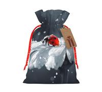 (Ladybug on Daisy Flower) Print Christmas New Year Candy Gift Bag, Red Xmas Ribbon Drawstring Bags for Kids Xmas Holiday Eve Presents M Size