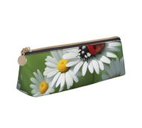 Ladybug on Daisy Flower Print Large Capacity Leather Pencil Case Smooth Zippered Pen Pouch School Travel Makeup