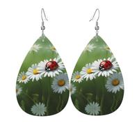 Ladybug on Daisy Flower Print Leather Dangle Earrings Lightweight
