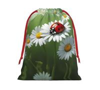 Ladybug On Daisy Flower Print Reusable Drawstring Gift Bags For Candy Bag Birthday, Wedding Or Daily