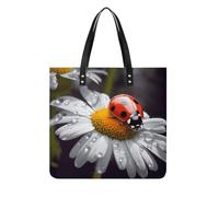 Ladybug on Daisy Flower Square PU Leather Tote Bag