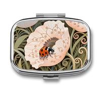 Ladybug on Flower Pill Case 2-Compartment Pill Organizer with Mirror- Portable Medicine Container for Purse & Travel, Small Medicine Box for Vitamins, Fish Oil, Supplements