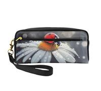 Ladybug on Flower Printed Leather Makeup Bags with Wrist Strap Portable Travel Toiletry Bag Cosmetic Organizer Bag for Women