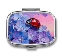 Ladybug on Hydrangea pilldispenser with Mirror 2 Compartments Waterproof PillCase for Purse Pocket Non-Slip Grip Travel Medicine Organizer Container Box for Vitamin Fish Oil Supplement