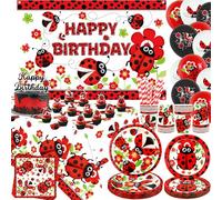 Ladybug Party Decoration,Ladybug Birthday Decorations, Plates Cups Napkins Tablecloth Happy Birthday Backdrop Balloon Cake Toppers for Ladybug Party Supplies, Serves 20