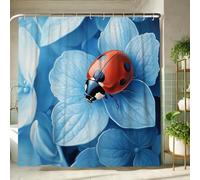 Ladybug Shower Curtain, Colorful Red Black Insect on Blue Floral Design Bath Curtain for Bathroom Decor, Spring Summer Nature-Inspired Waterproof Fabric Shower Curtain Set with Hooks 62x72 Inch