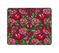 Ladybug Small Mouse Pad, Floral Nature Flower Leaf Spring Red Square Rubber Non Slip Stitched Edge Cloth Mousepad Idea for Home Office Desk Laptop Gamers Gift Square 8x10 Inch
