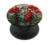 Ladybug stained glass vibrant poppy flower insect art seeing PopSockets Adhesive PopGrip