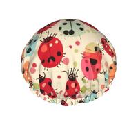 Ladybugs Cartoon Pattern Print Shower Cap for Women Men, Reusable Double-Layer Fabric Bathing Cap Girls Hair Caps, 27 CM
