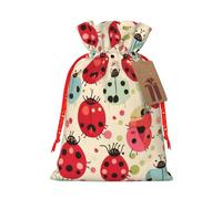 Ladybugs Cartoon Pattern Printed Christmas Drawstring Bags,S Reusable Xmas Gift Storage Bags, Red Christmas Ribbon
