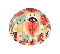 Ladybugs Cartoon Pattern Shower Cap for Women Men, Elastic and Reusable, Stylish Large Waterproof Shower Bonnet, Washable Hair Bath Caps, Double Layers Bathing Hat for Long Hair, Braids