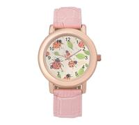 Ladybugs Pattern Funny Watches for Women Pink Leather Strap Quartz Watch for Small Wrists
