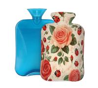 Ladybugs Red Rose Pattern Hot Water Bottle with Cover, 2L Large Capacity Hot Water Bag for Hot Cold Compress, Hand Feet Warmer, Neck Shoulder Pain Relief