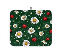 Ladybugs White Daisy Flower On Green Dish Drying Mat for Kitchen Counter,Absorbent Dishes Drainer Mats Washable Dish Drying Pad for Worktop Draining Racks,46x41cm