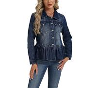 Ladyful Ruffle Hem Denim Jacket for Women Trendy Long Sleeve Button Up Jean Coat Outerwear, Dark Blue, L