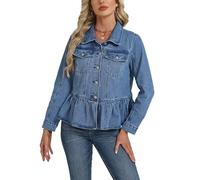 Ladyful Ruffle Hem Denim Jacket for Women Trendy Long Sleeve Button Up Jean Coat Outerwear, Light Blue, XXL