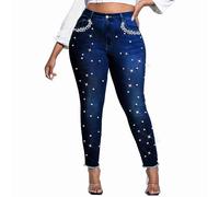 Ladyful Women's Skinny Jeans Classic Mid Waist Stretchy Denim Pants with Pearls Rhinestones, Deep Blue, XXL