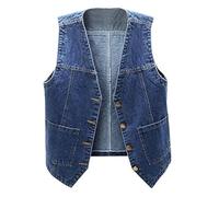 Ladyful Women's Sleeveless Denim Vest V Neck Button Down Jean Waistcoat Jacket, Dark Blue, Large