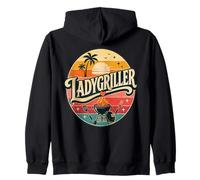 LadyGriller Retro Tropical Sunset Palm Tree BBQ Grill Design Zip Hoodie