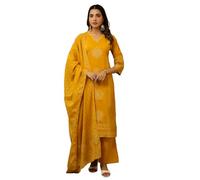 Ladyline Bandhani Printed Hand Work Pure Cotton Salwar Kameez | Kurta Palazzo Pants Set with Dupatta | Kantha & Mirror Work | Indian Pakistani Ethnic Wear (CPESK SRAR) (42/ Gold)