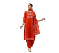 Ladyline Bandhani Printed Hand Work Pure Cotton Salwar Kameez | Kurta Palazzo Pants Set with Dupatta | Kantha & Mirror Work | Indian Pakistani Ethnic Wear (CPESK SRAR) (38/ Rust)