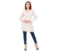 Ladyline Casual White Weaving Tunic Top for Women Kurti Kurta Round Neck Button Down (CPK LLC600) (44/White)