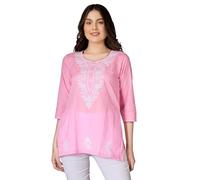 Ladyline Cotton Chikankari Embroidered Tunic Top for Women - Casual Summer Wear Lucknowi Short Kurti Kurta Blouse with 3/4 Sleeves (CEK NJLS) (40/ Pink-2)