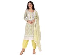 Ladyline Formal Cotton Off-White Jaipuri Printed Lace Embroidered Salwar Kameez Suit Dupatta Embroidery (CESK INMR1590) (36/Yellow)