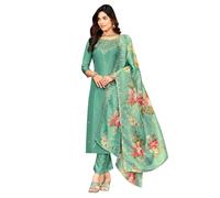ladyline Party Wear Shimmer Silk Embroidered Salwar Kameez Suit Set for Women - Cutwork Digital Printed Silk Dupatta, Sea Green, 42