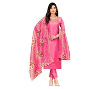 ladyline Party Wear Shimmer Silk Embroidered Salwar Kameez Suit Set for Women - Cutwork Digital Printed Silk Dupatta, Pink, 42
