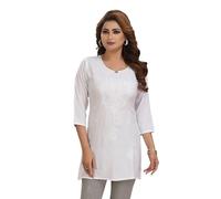 ladyline Rayon Chikankari Tunic Top Lucknowi Embroidered Short Kurti Kurta for Women, White, 50 Plus