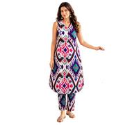 Ladyline Women’s Pure Cotton Printed Kurta Pants Set | Sleeveless Flared Ethnic Kurti Tunic with Straight Pants Co-Ord Set | CPKP RTCT (40/ Multi)