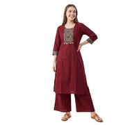 Ladyline Womens 2-Piece 100% Pure Cotton Kurta & Palazzo Pants Set - Ajrak Printed Neck Mirror Work - Ethnic Indian Summer Dress (CPEKP RCAJK) (36/ Maroon)