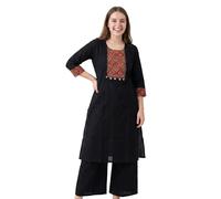 Ladyline Womens 2-Piece 100% Pure Cotton Kurta & Palazzo Pants Set - Ajrak Printed Neck Mirror Work - Ethnic Indian Summer Dress (CPEKP RCAJK) (42/ Black)