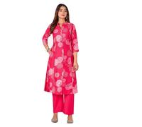 Ladyline Women's 2-Piece Co-Ord Set with Roman Silk Floral Tunic Kurta and Straight Pants Set| Flared Kurti with Front Slit, Mandarin Neck (SPKP SNIS) (38/ Fuchsia)