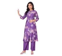 Ladyline Women's 2-Piece Co-Ord Set with Roman Silk Floral Tunic Kurta and Straight Pants Set| Flared Kurti with Front Slit, Mandarin Neck (SPKP SNIS) (40/ Purple)