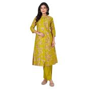 Ladyline Women's 2-Piece Co-Ord Set with Roman Silk Floral Tunic Kurta and Straight Pants Set| Flared Kurti with Front Slit, Mandarin Neck (SPKP SNIS) (40/ Lime)