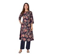 Ladyline Women's 2-Piece Co-Ord Set with Roman Silk Floral Tunic Kurta and Straight Pants Set| Flared Kurti with Front Slit, Mandarin Neck (SPKP SNIS) (40/ Navy Blue)