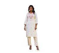 Ladyline Women's 2-Piece Cotton Kurta Pants Set | Off White Embroidered Kurti Tunic with Matching Pants | Ethnic Traditional Party Wear (CEKP APS1200) (38/ Off-White)