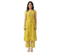 Ladyline Womens 2-Piece Silk Blend Digital Printed Kurta Palazzo Pants Co-ord Set with Mirror Work | Sleeveless Kurti with Back Tie-Up (SPEKP ANKYL) (42/ Mustard)