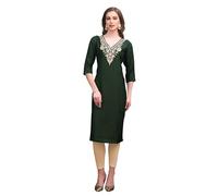 Ladyline Womens Blend Silk Embroidered Kurti Tunic Top - Knee Length 3/4 Sleeve Straight Indian Ethnic Kurta